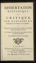 Dissertation historique et critique sur l'origine et l'ancienneté de l'Abbaye de S. Bertin
